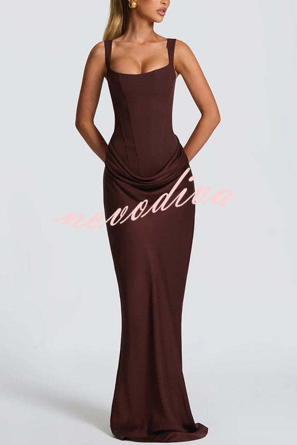 Larrah Square Neck Back Lace-up Satin Drape Hem Maxi Dress