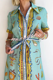 Deep Sea Dreaming Linen Blend Unique Print Short Sleeve Tie-up Shirt Maxi Dress