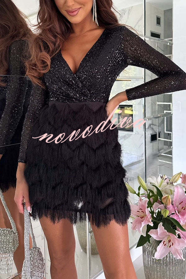 Spinning on The Dance Floor Sequin Patchwork Tiered Fringe Mini Dress