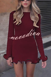 Fashionable Rolled Hem Round Neck Long Sleeve Slim Fit Mini Dress