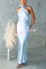 Satin Fashion Halter Backless Slim Elegant Maxi Dress