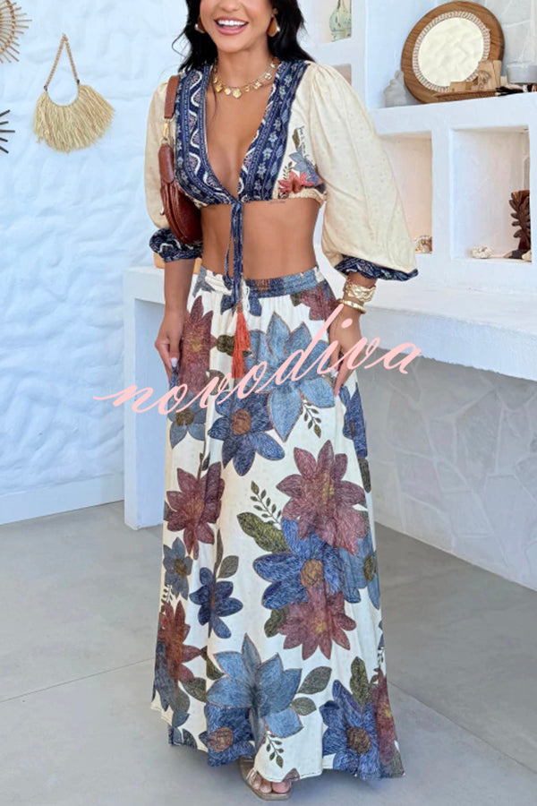 Unique Printed V-Neck Tie Cropped Top and Elastic Waist Casual Maxi Skirt Set