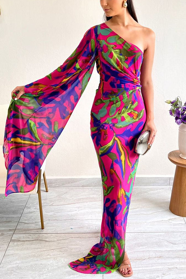 Colorful Printed One-sleeve Slim-fitting Slit Maxi Dress