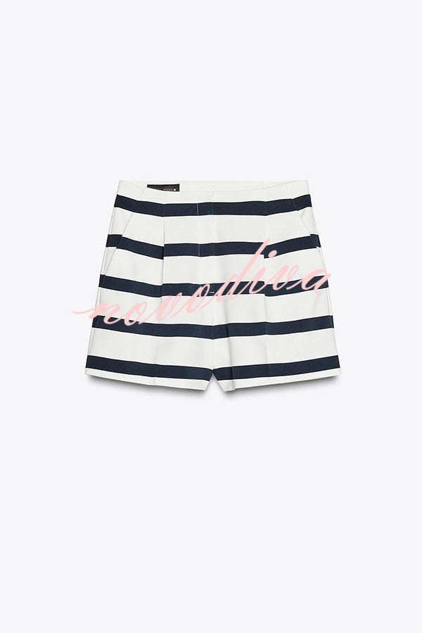 Logbook Stripe Button Shoulder T-Shirt and High-Rise Pocketed Loose  Shorts Set