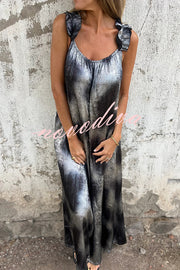 Fashionable Gold-stamped Suspenders Loose Pocket Wide-leg Jumpsuit