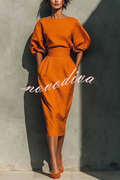 Linen Blend Round Neck Balloon Sleeve Top and High Waist Casual Pocket Midi Skirt Set