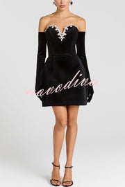 Ines Luxurious Velvet Jewel-encrusted Sweetheart Off Shoulder Neck Tulip Stretch Mini Dress