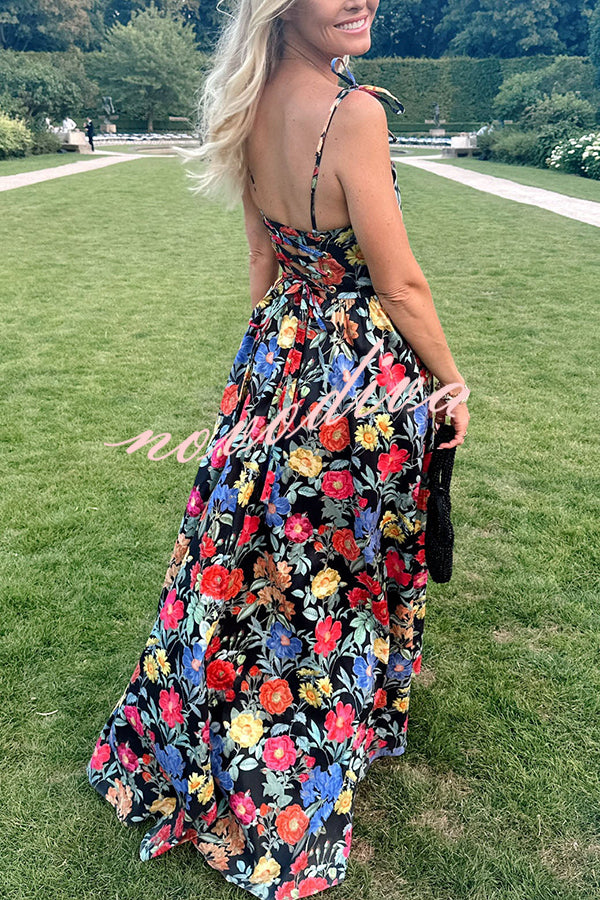 Garden Wedding Floral Print Back Tie-up Pocketed Slit Maxi Dress