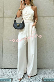 Solid Color Halterneck Sleeveless Waisted Casual Pocket Straight Jumpsuit