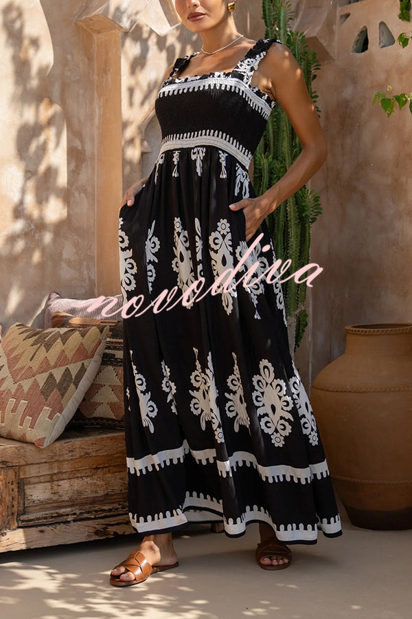 National Boho Style Unique Print Smocked Bust Wide Strap Pocket Maxi Dress