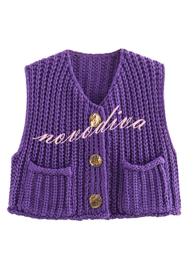 Solid Color Sleeveless Pocket Knitted Vest