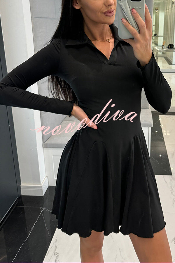 Solid Color Lapel Long Sleeve Slim Fit Waist Mini Dress