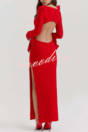 Lovely Bow Cutout Button Back Zipper Long Sleeve Maxi Dress