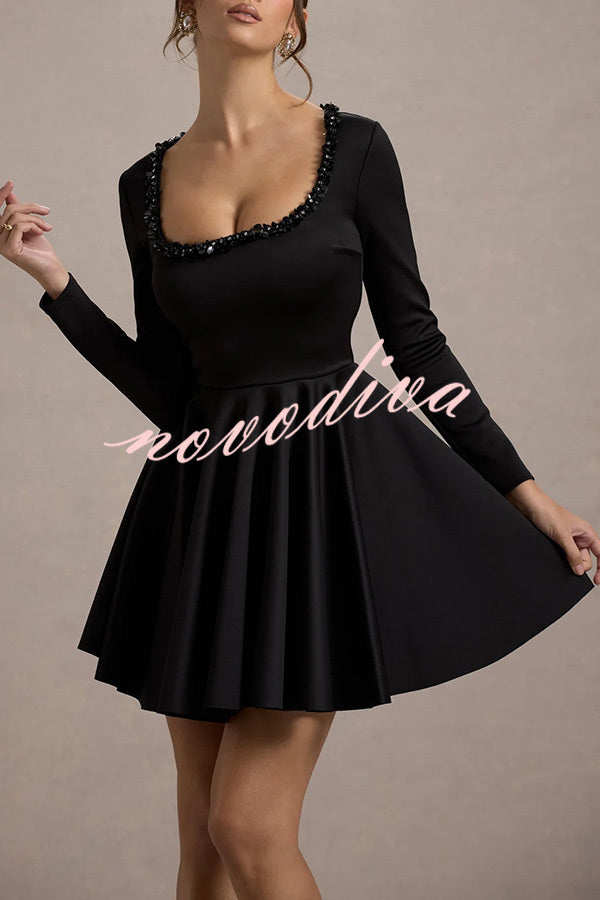 Playful Elegance Pearl Embellished Trim Long Sleeve Pleated Mini Dress