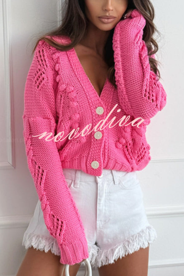 Fashion Hollow Long Sleeve V-neck Button Loose Knitted Cardigan