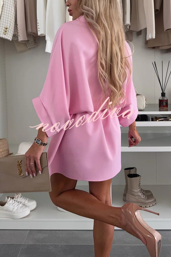 Solid Color Loose Round Neck Belted Mini Dress