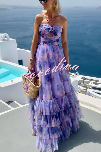 Dreamy Clouds Tulle Printed Rose Detail Cutout Ruffles Tiered Halter Maxi Dress