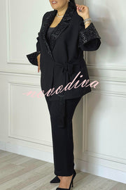 Social Time Embroidered Sequin Patchwork Tassel Belt Detail Lapel Party Blazer