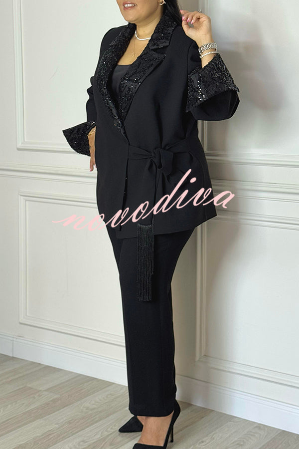 Social Time Embroidered Sequin Patchwork Tassel Belt Detail Lapel Party Blazer