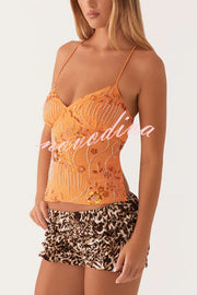 Dazzling Sequin Beaded Material Back Lace-up Loose Tank