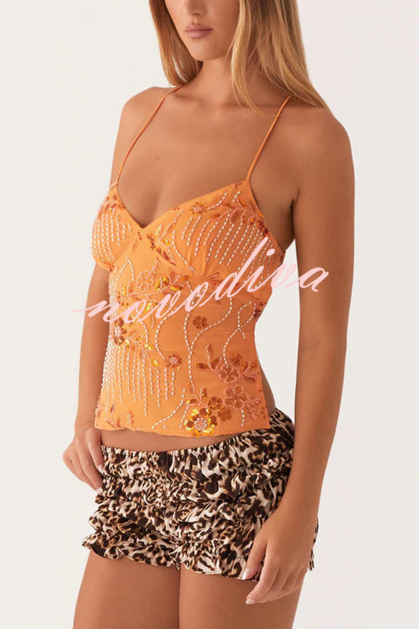 Dazzling Sequin Beaded Material Back Lace-up Loose Tank