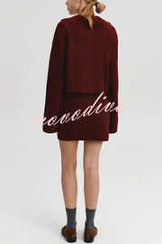 Fashion Lapel Bell Sleeve Knitted Cardigan and Casual Mini Skirt Set