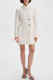 Kayleen Stand V-neck Decorative Metal Button Long Sleeve Pocket Blazer Mini Dress