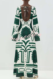 Holiday Fashion Unique Print Front Center Hollow Ring Long Sleeve Maxi Dress