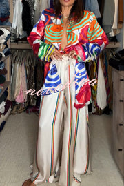 Ellah Satin Rainbow Stripe Print Drawstring Elastic Waist Pocket Wide Leg Pants