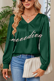 Satin Pleated V-neck Long-sleeved Loose Shirt