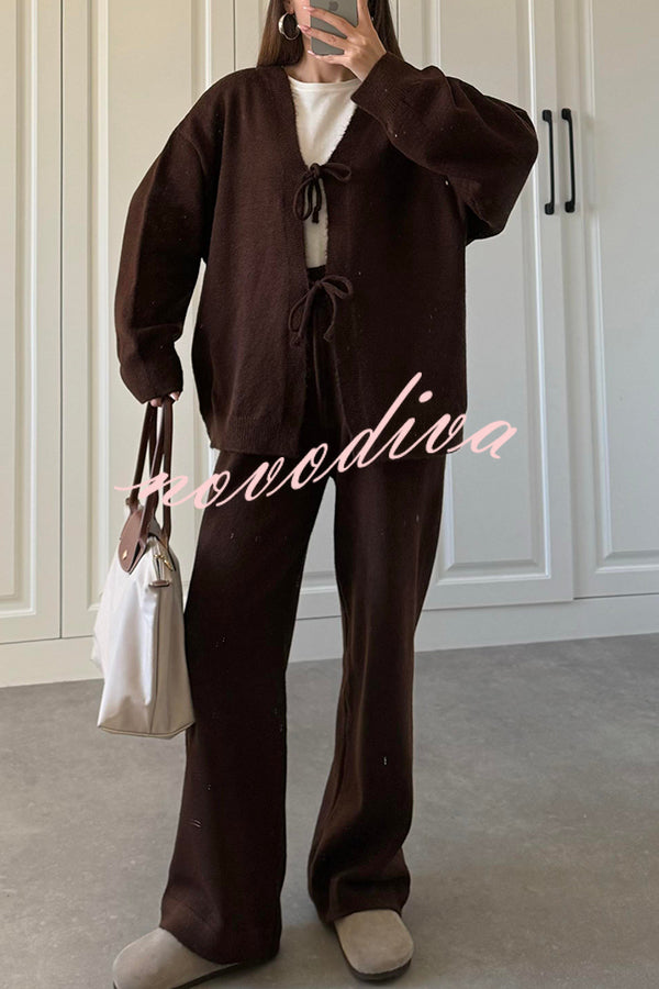 Solid Color V-neck Tie Long-sleeved Loose Knit Cardigan and Elastic Waist Casual Straight Leg Pants Set