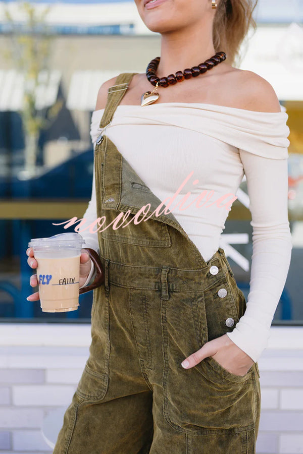 Falling Leaves Corduroy Metal Buckle Pocket Wide Leg Jumpsuit Overalls