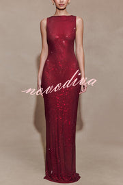 Holiday Nights Sequin Boat Neck Sleeveless Slit Maxi Dress