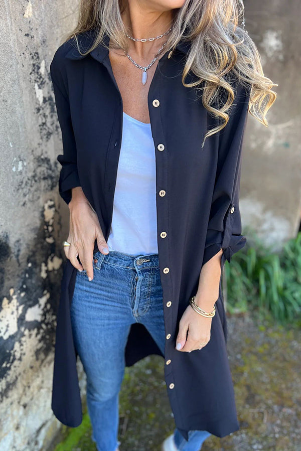 Solid Color Lapel Long Sleeve Button Casual Long Shirt