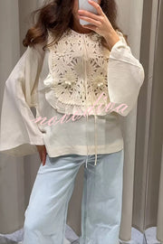 Fashionable Round Neck Tie Hollow Stitching Casual Shirt