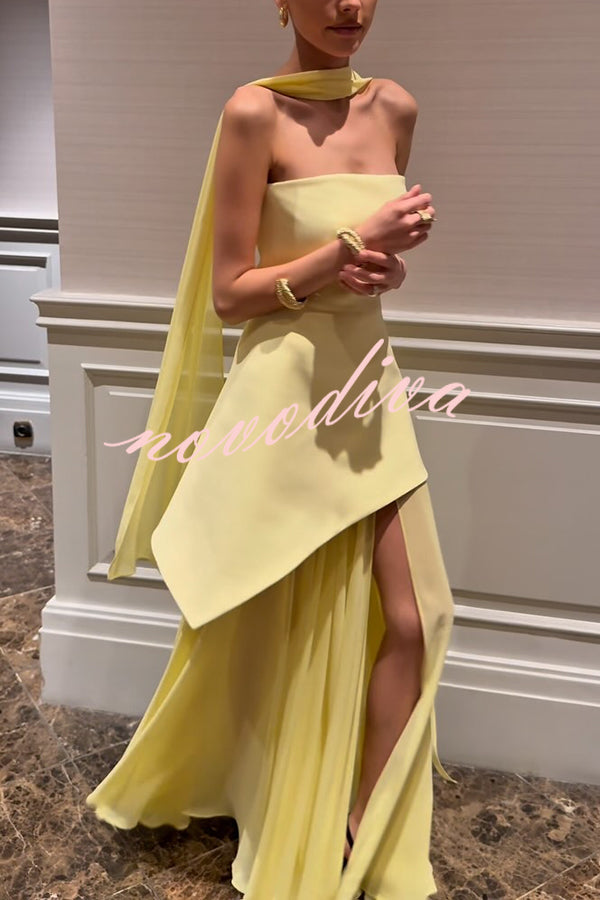 Monaco Off Shoulder Structured Top Chiffon Slit Hem Scarf Maxi Dress