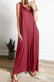 Solid Color V-neck Sleeveless Loose Pocket Wide-leg Jumpsuit