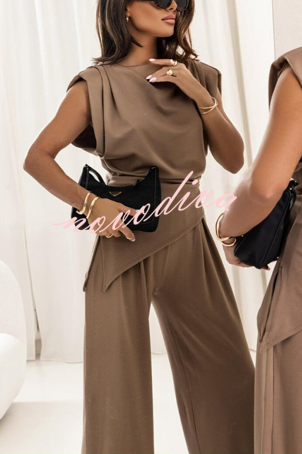 Jordy Ruched Shoulder Slit Top and Elastic Waist Pocketed Wide Leg Pants Set