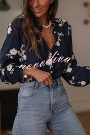Floral Embroidery Long-Sleeved Button-Up Elegant Shirt