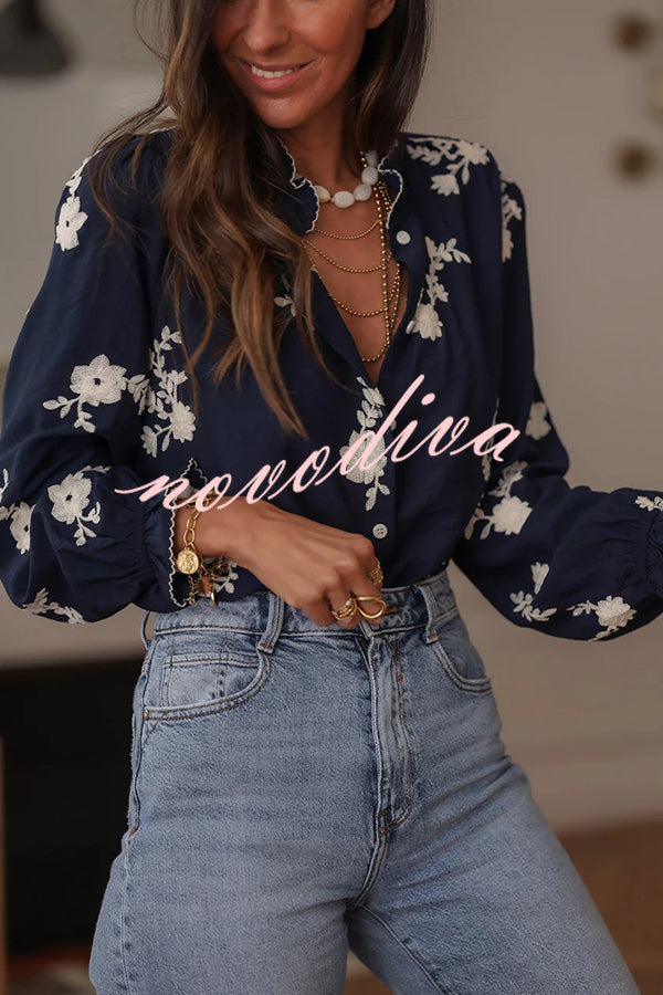 Floral Embroidery Long-Sleeved Button-Up Elegant Shirt