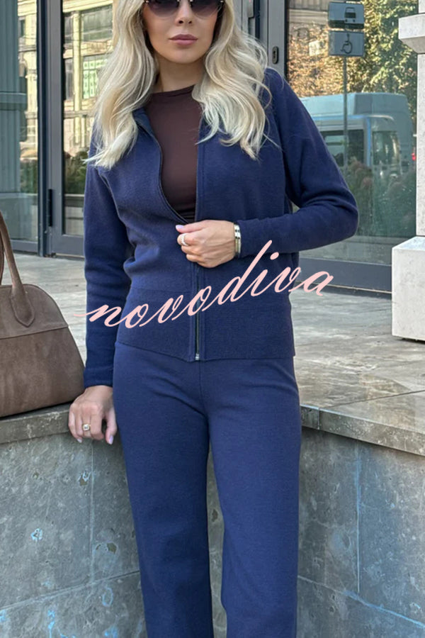 Cozycore Knit Zipper Long Sleeve Cardigan and Stretch Wide Leg Pants Set
