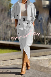 Work Style Lapel Long Sleeve Jacket and Button Belt Pocketed Slit Midi Skirt Set