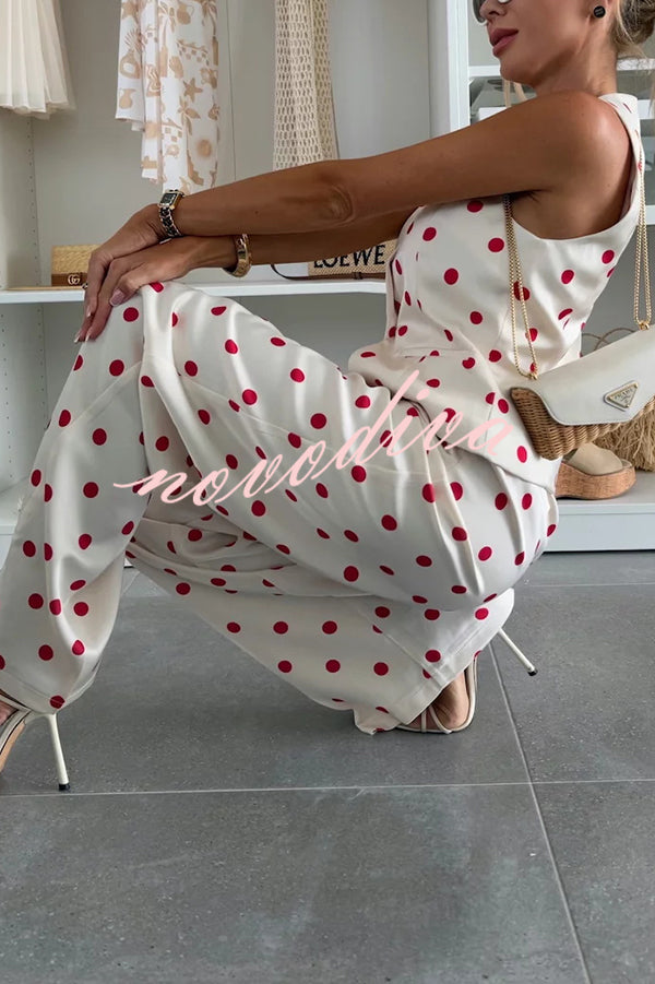 Koreen Polka Dot Round Neck Button Vest and High Rise Pocket Straight Pants Set