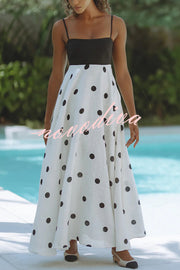 Alias Linen Blend Polka Dot Colorblock Back Smocked Pocket Slip Maxi Dress