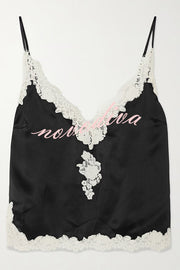 Celebration Look Contrast Color Satin Lace Trim V-Neck Slip Tank