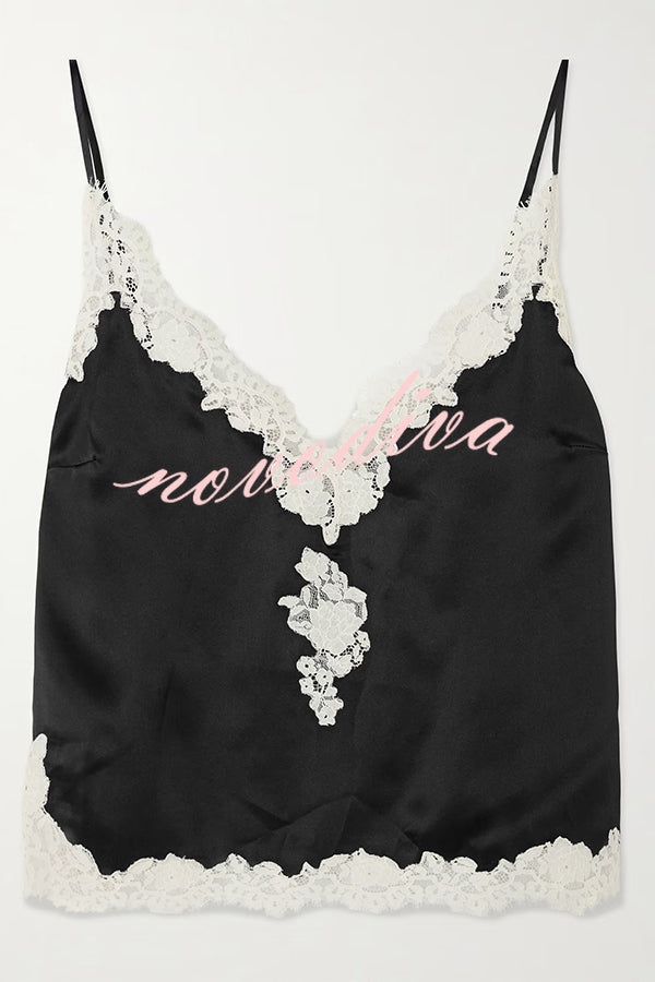Celebration Look Contrast Color Satin Lace Trim V-Neck Slip Tank