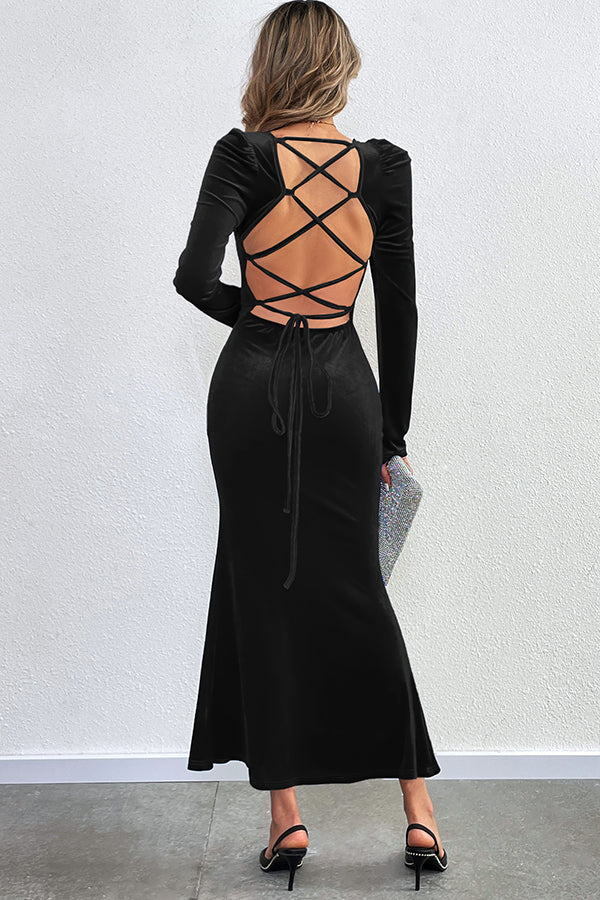 Velvet Long-sleeved Sexy Backless Slim Fit Fishtail Maxi Dress