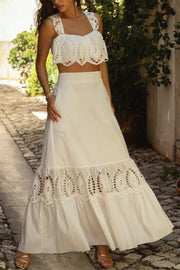 Summer City Hollow Lace Crop Tank and Elastic Waist Pocketed A-line Maxi Skirt Set