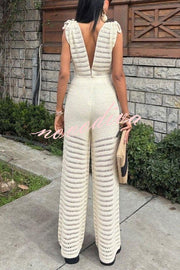 Solid Color Knitted V-neck Holiday Hollow Casual Jumpsuit