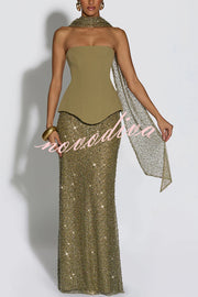 Oakley Corset Strapless Top and Sequin High Rise Maxi Skirt Scarf Set